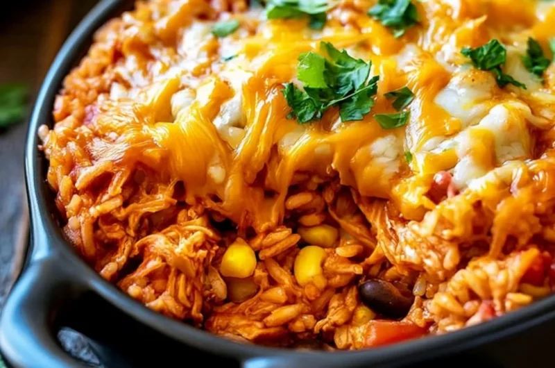Chicken Enchilada Rice Casserole with cheese and toppings in a baking dish