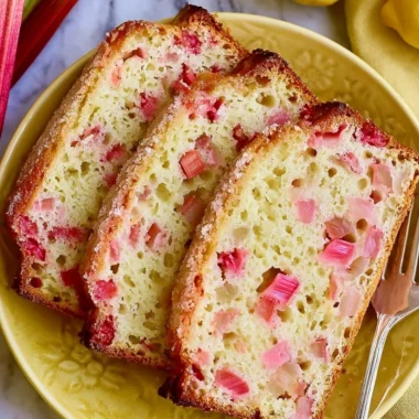 Sliced classic lemon rhubarb bread on a wooden board