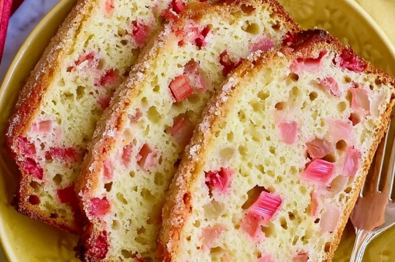 Sliced classic lemon rhubarb bread on a wooden board