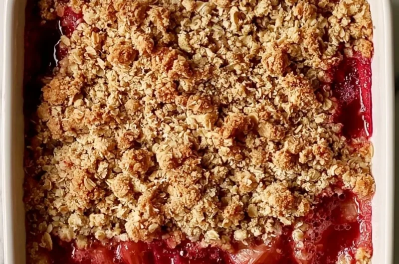 Classic rhubarb crumble bars topped with a golden crumble topping