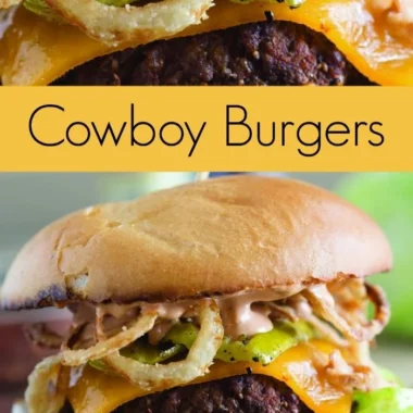Delicious Cowboy Burger with grilled pickles and crispy onion straws