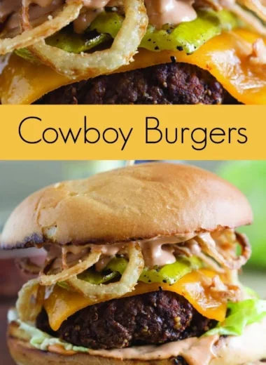 Delicious Cowboy Burger with grilled pickles and crispy onion straws