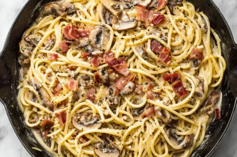 A delicious plate of creamy bacon mushroom pasta garnished with herbs.