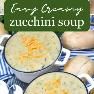 A delicious bowl of creamy zucchini soup garnished with herbs.
