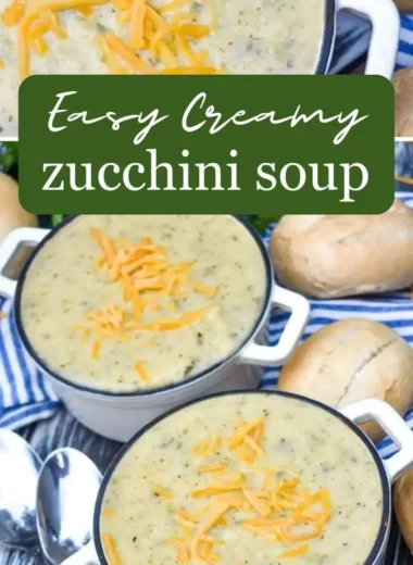 A delicious bowl of creamy zucchini soup garnished with herbs.