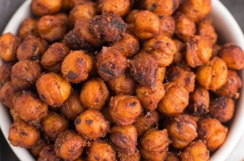 Bowl of crispy air fryer chickpeas, a healthy snack alternative.