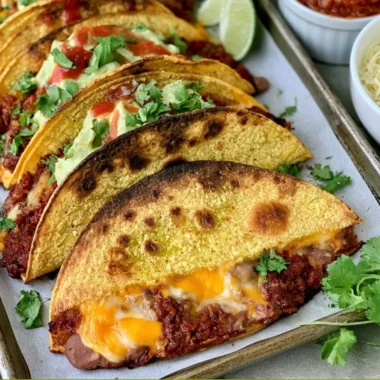 Delicious crispy baked tacos filled with beef, cheese, and fresh toppings