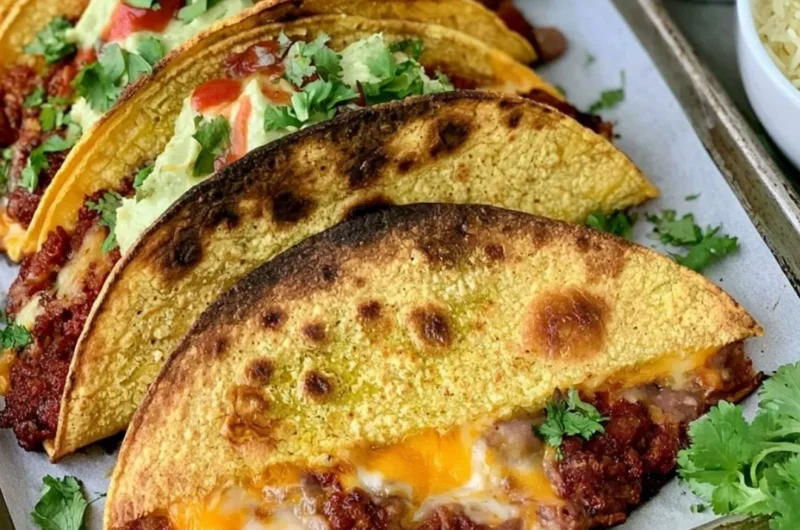 Delicious crispy baked tacos filled with beef, cheese, and fresh toppings