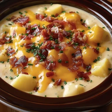 Bowl of creamy Crock Pot Crack Potato Soup topped with green onions and cheese