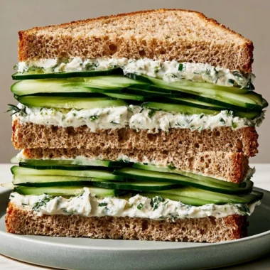 Delicious cucumber sandwich on white bread with herbs and cream cheese
