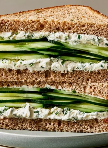 Delicious cucumber sandwich on white bread with herbs and cream cheese