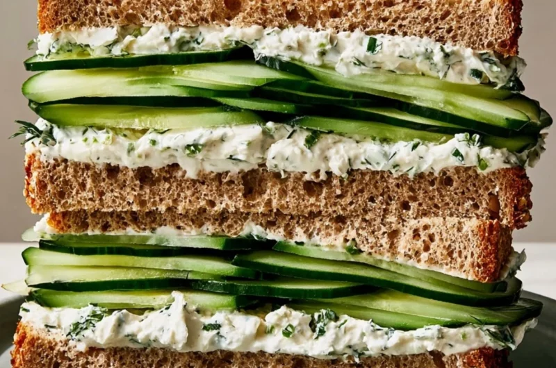 Delicious cucumber sandwich on white bread with herbs and cream cheese