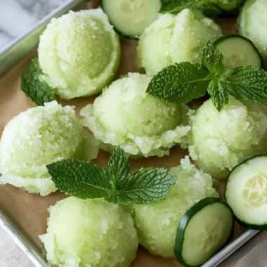 Delicious cucumber sorbet in a bowl, garnished with fresh mint leaves.