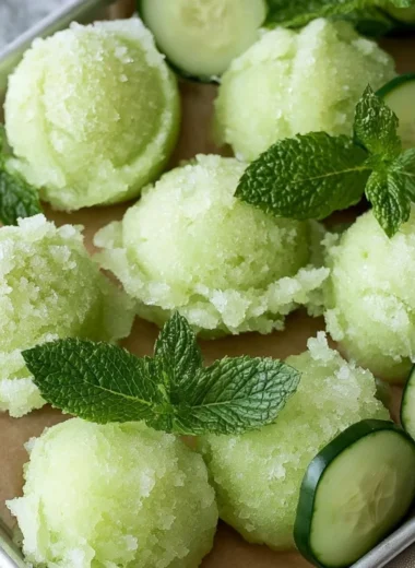 Delicious cucumber sorbet in a bowl, garnished with fresh mint leaves.