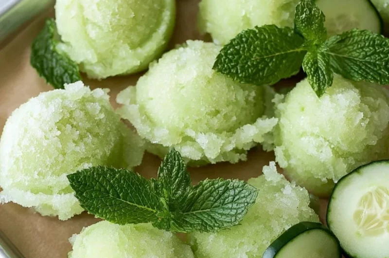 Delicious cucumber sorbet in a bowl, garnished with fresh mint leaves.