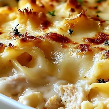 Dolly's creamy chicken noodle casserole served in a bowl with parsley garnish.
