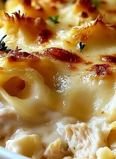 Dolly's creamy chicken noodle casserole served in a bowl with parsley garnish.