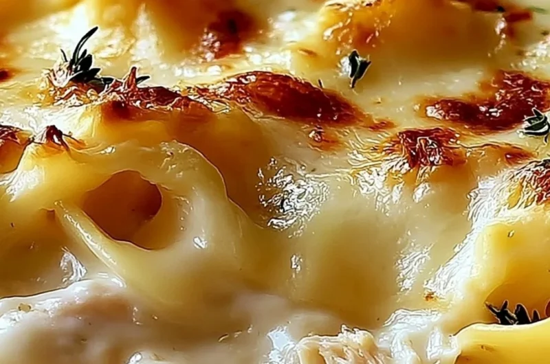 Dolly's creamy chicken noodle casserole served in a bowl with parsley garnish.