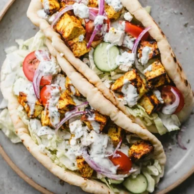 Delicious easy chicken gyros served with fresh veggies and tzatziki sauce.