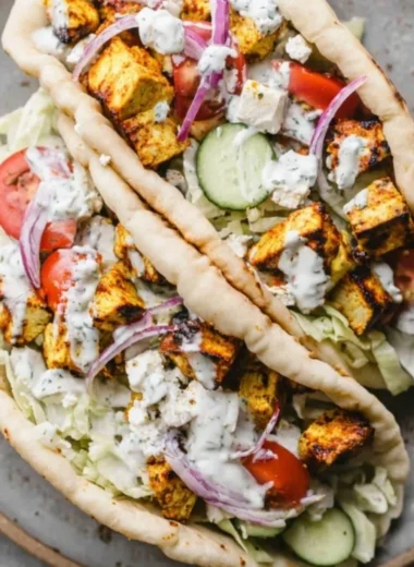 Delicious easy chicken gyros served with fresh veggies and tzatziki sauce.