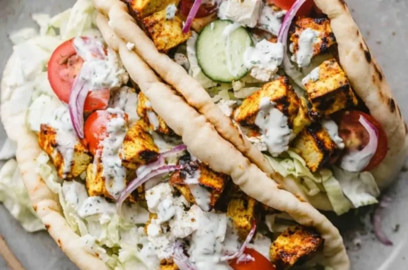 Delicious easy chicken gyros served with fresh veggies and tzatziki sauce.