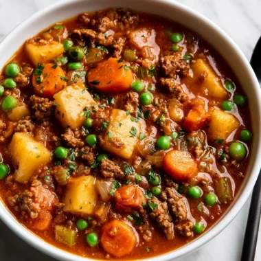 Delicious bowl of easy ground beef stew with vegetables and herbs