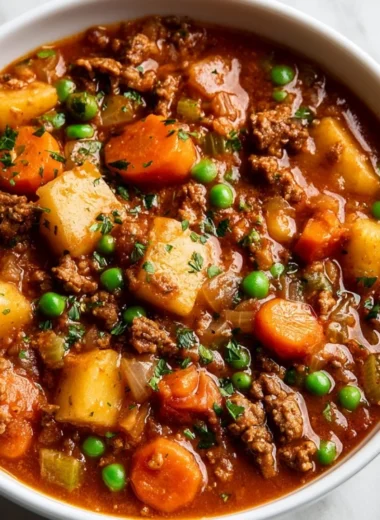 Delicious bowl of easy ground beef stew with vegetables and herbs