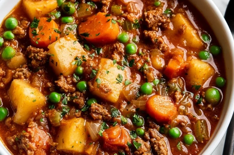 Delicious bowl of easy ground beef stew with vegetables and herbs