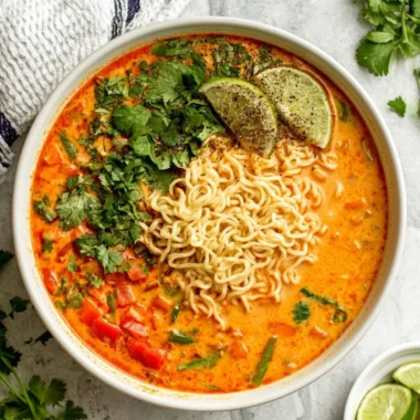 Bowl of easy Thai noodle soup with fresh herbs and ingredients