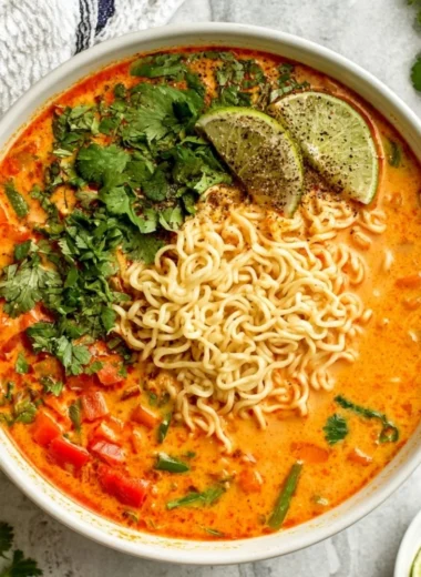 Bowl of easy Thai noodle soup with fresh herbs and ingredients