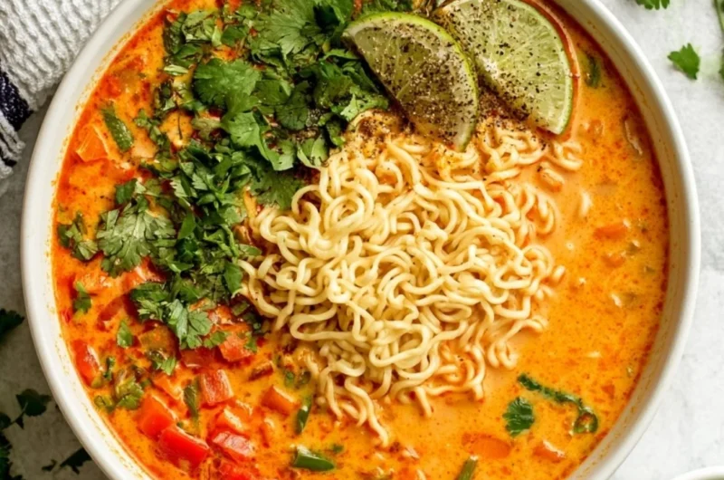 Bowl of easy Thai noodle soup with fresh herbs and ingredients