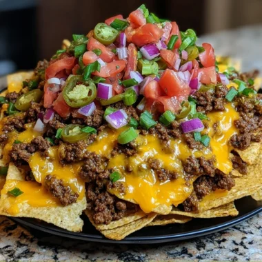 Delicious plate of epic beef nachos supreme topped with cheese and fresh ingredients.