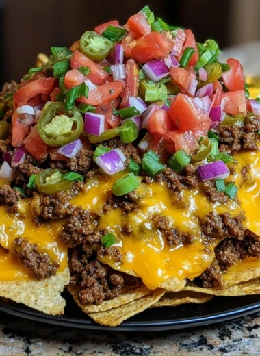 Delicious plate of epic beef nachos supreme topped with cheese and fresh ingredients.