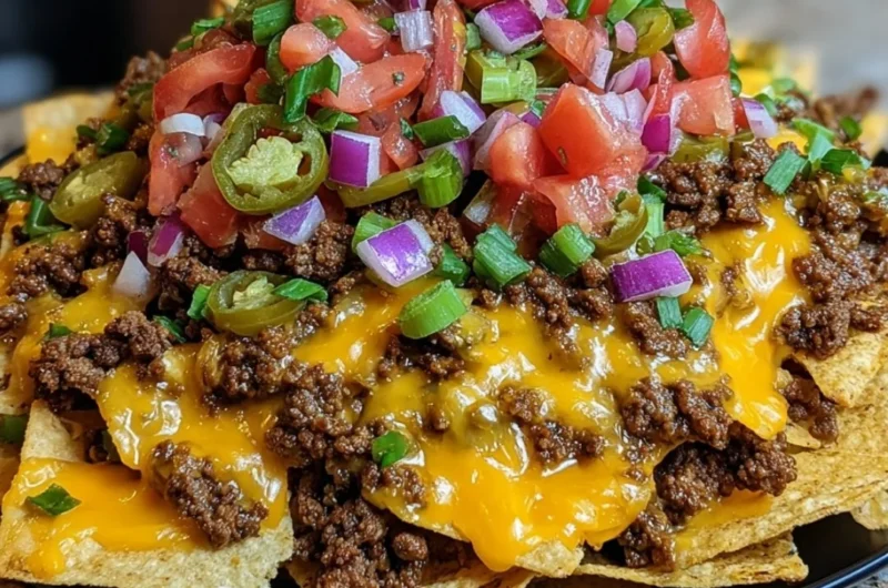 Delicious plate of epic beef nachos supreme topped with cheese and fresh ingredients.