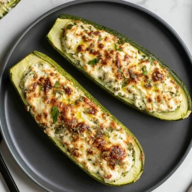 Delicious feta cheese stuffed zucchini on a plate garnished with herbs
