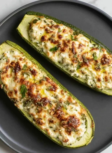 Delicious feta cheese stuffed zucchini on a plate garnished with herbs