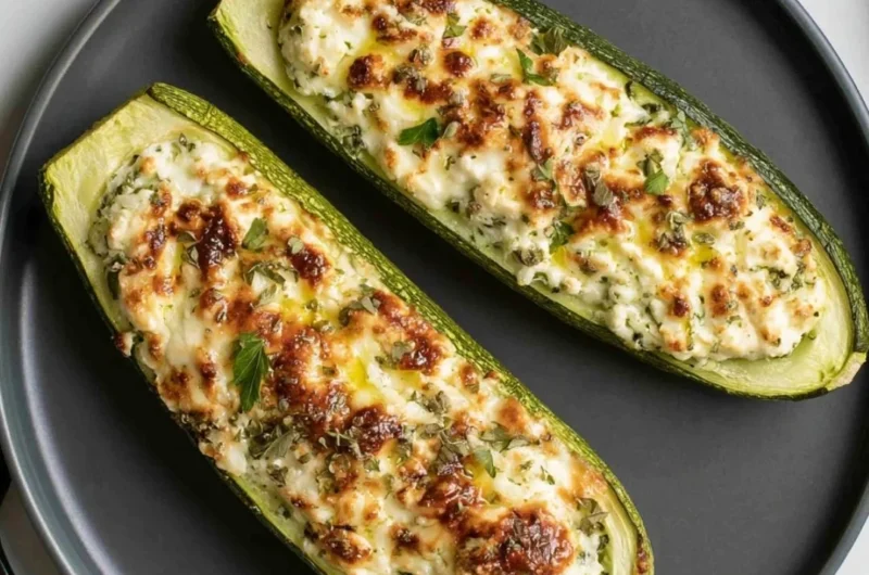 Delicious feta cheese stuffed zucchini on a plate garnished with herbs