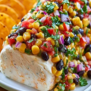 Fiesta Cowboy Caviar Cheese Log with colorful ingredients and garnishes