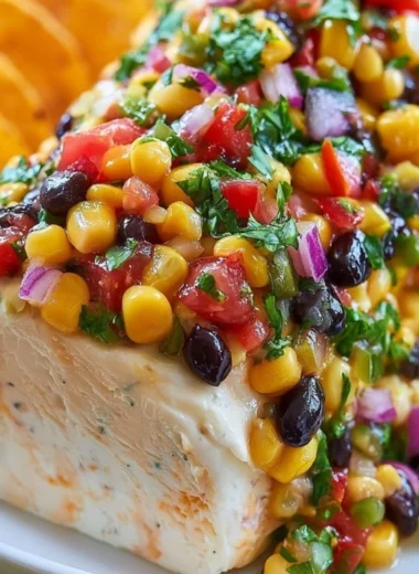 Fiesta Cowboy Caviar Cheese Log with colorful ingredients and garnishes