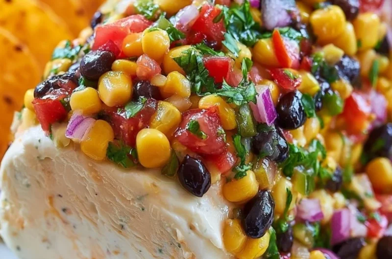 Fiesta Cowboy Caviar Cheese Log with colorful ingredients and garnishes