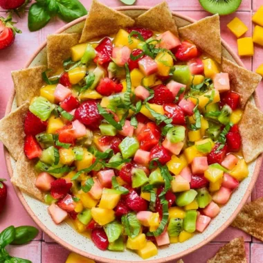 Bowl of fresh fruit salsa served with cinnamon sugar tortilla chips
