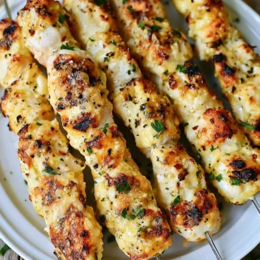 Delicious Garlic Parmesan Chicken Kebabs on a grilling platter.