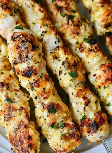 Delicious Garlic Parmesan Chicken Kebabs on a grilling platter.