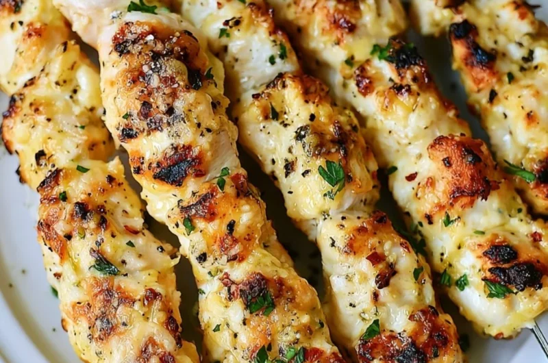 Delicious Garlic Parmesan Chicken Kebabs on a grilling platter.