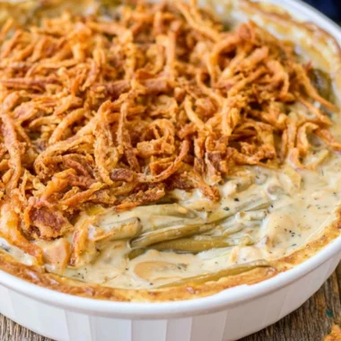 Delicious homemade green bean casserole topped with crispy onions