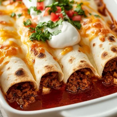 Plate of ground beef enchiladas topped with cheese and salsa