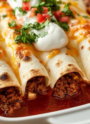 Plate of ground beef enchiladas topped with cheese and salsa