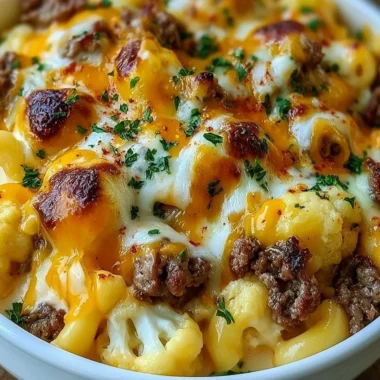 Keto Cheeseburger Cauliflower Mac served in a bowl, garnished with herbs.