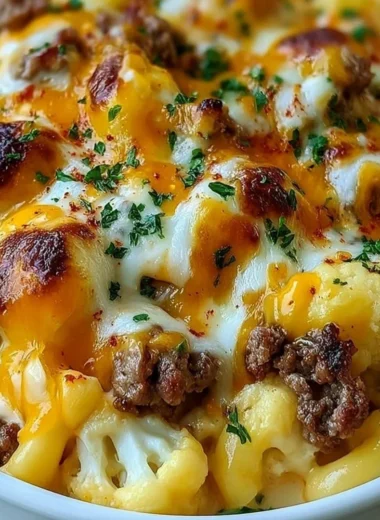 Keto Cheeseburger Cauliflower Mac served in a bowl, garnished with herbs.