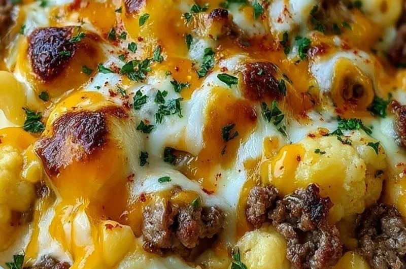 Keto Cheeseburger Cauliflower Mac served in a bowl, garnished with herbs.